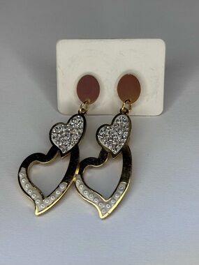 Gold Heart Drop Earrings with Crystal and Pearl Accents - Pink Posts